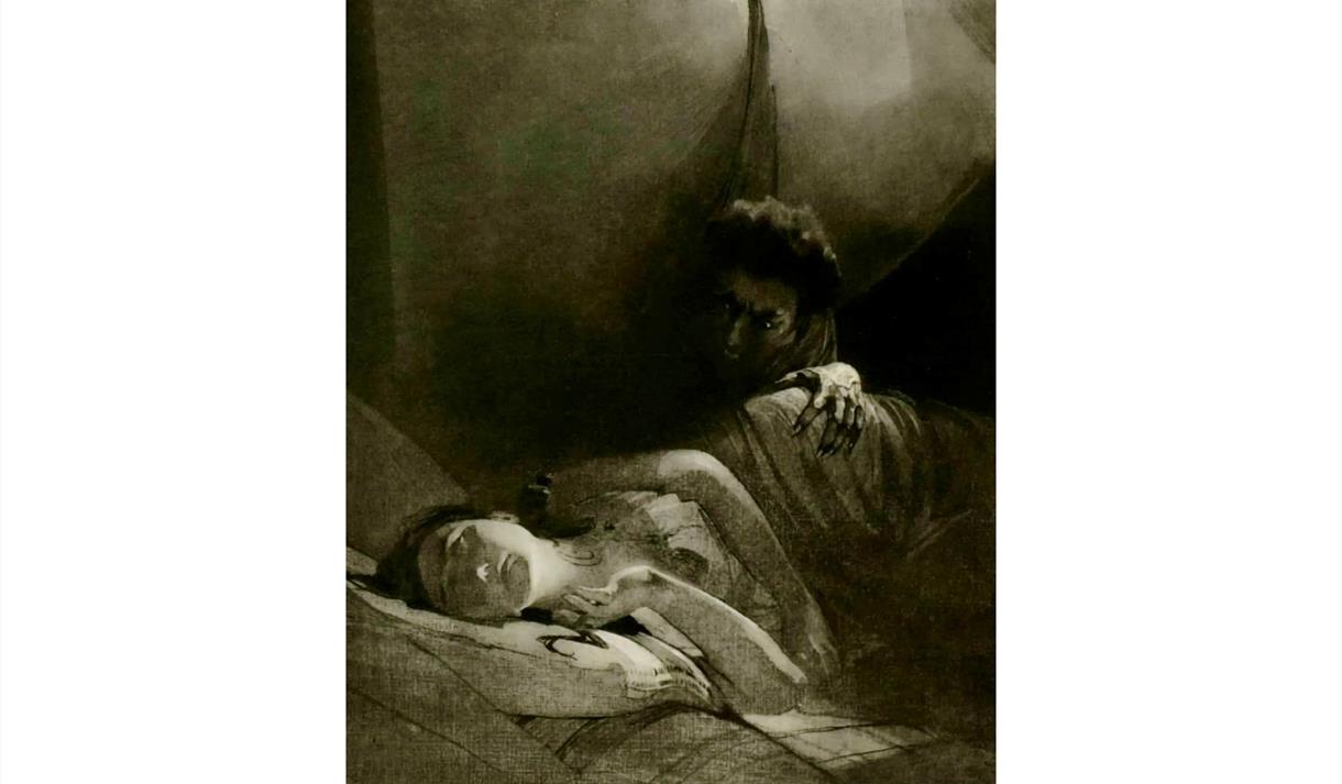 Sketch of a monster leaning over sleeping woman