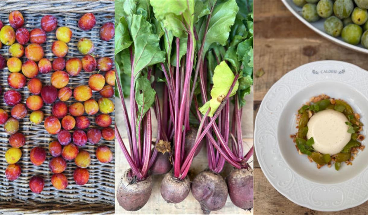 Fresh produce including plums and beetroot