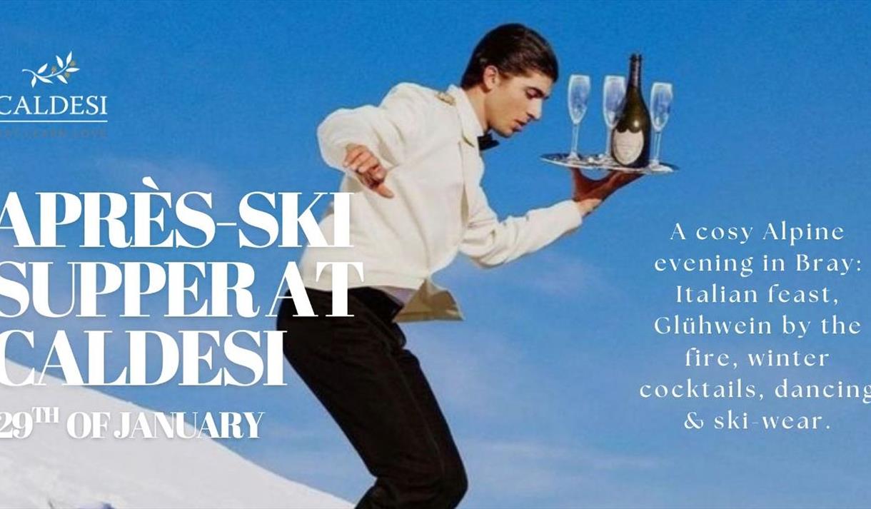 Waiter skiing with tray of drinks