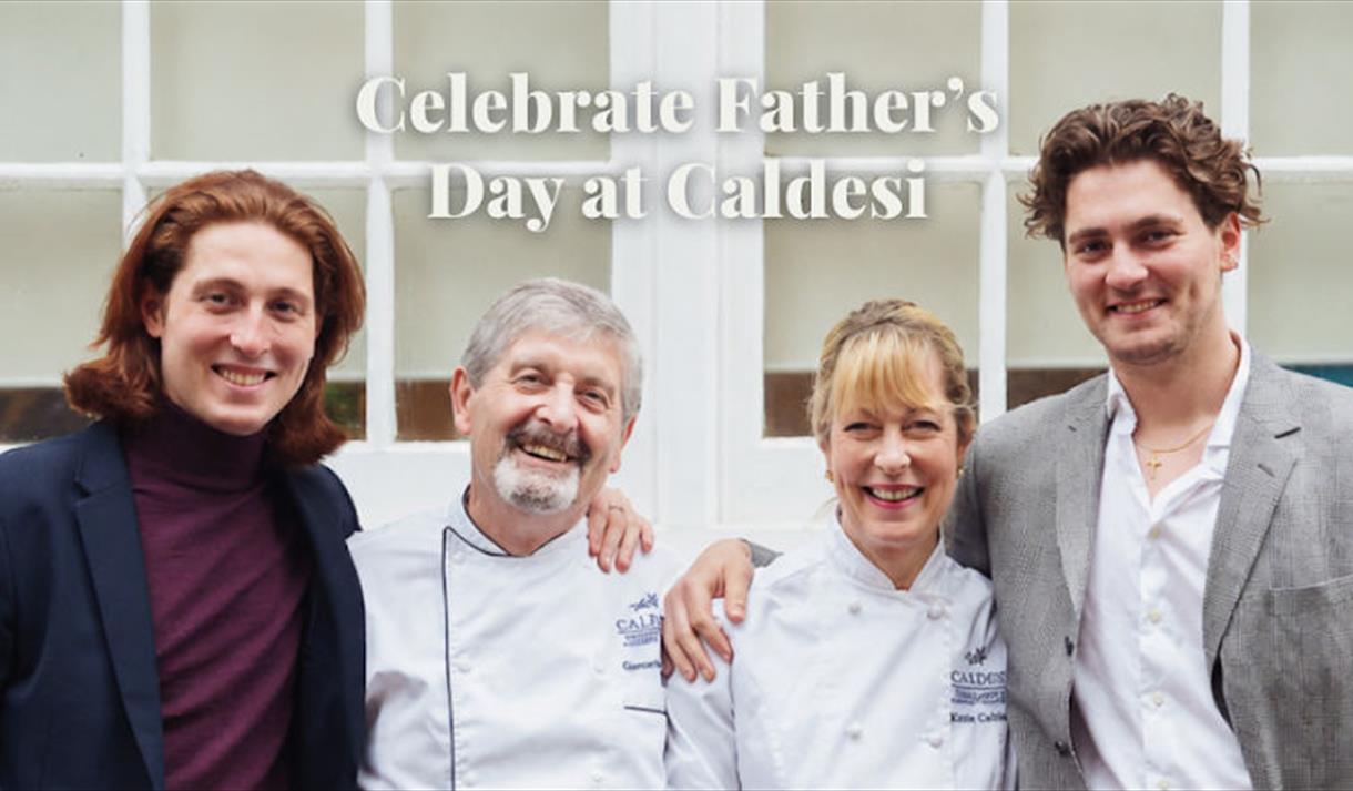 Kate and Giancarlo Caldesi outside the restaurant with their sons