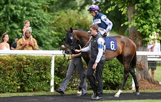 Horse and jockey in the parade ring watched by family