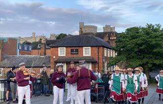 Morris Dancers on Eton Bridge, Windsor Castle in the background
