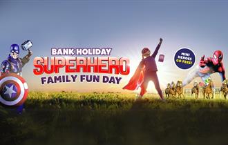 Superhero Family Day graphic for Windsor Racecourse, with child dressed as a superhero, Captain America and Spiderman, and race horses galloping past