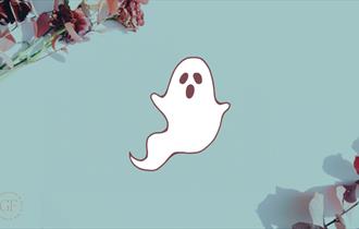 Ginger Fig Club Ghost Walk graphic, cartoon ghost on a blue background, flowers in corners