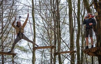 © Go Ape - people using ropes and planks to traverse amongst the treetops