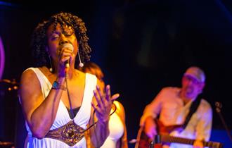 Lady singing, gentleman in background playing guitar