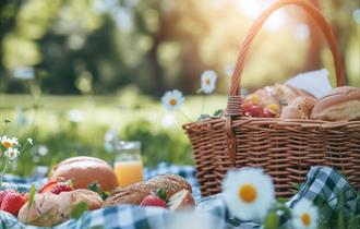 Picnic basket with bread and strawberries in a meadow with daisies