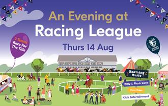 Racing League at Royal Windsor Racecourse graphic, cartoon of activities around the course