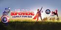 Superhero Family Day graphic for Windsor Racecourse, with child dressed as a superhero, Captain America and Spiderman, and race horses galloping past
