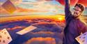Painting of James Phelan above the clouds with playing cards