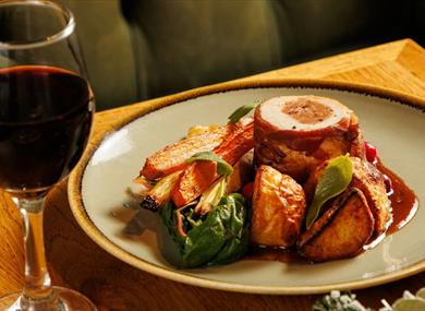 Turkey Roast lunch with a glass of red wine