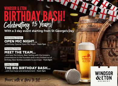 Poster for 3-day Windsor & Eton Brewery birthday bash event