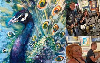 Collage of a painted peacock and a class of artists producing it