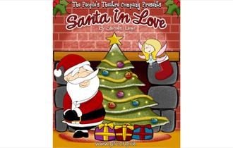 Santa in Love graphic, cartoon Santa next to a Christmas tree