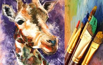 Painting of a giraffe and paintbrushes