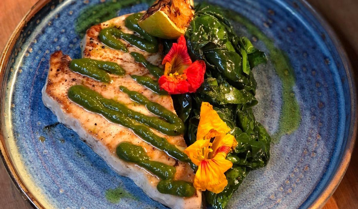 Patch on the Plaza | Seared swordfish, baby spinach, miso + basil dressing
