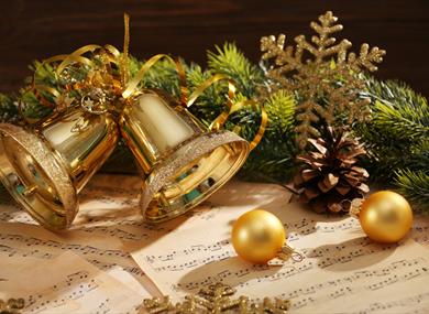 Sheet music and Christmas decorations