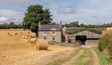 An image of a farmhouse across field of hay.