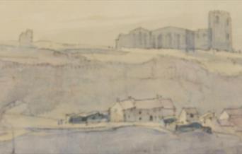 An image by Sir George Henry Rushbury 1932 - a view down from the pier, from the East Cliff, towards St Marys & Whitby Abbey.