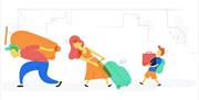 An image of a digital image of three people dragging luggage