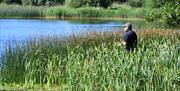 An image of a man fishing in the middle of a lake