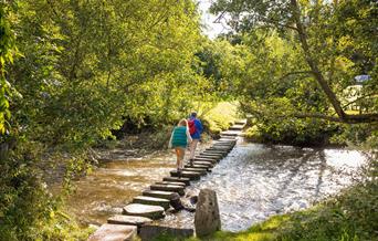 An image of a couple walking across a stream over stones.