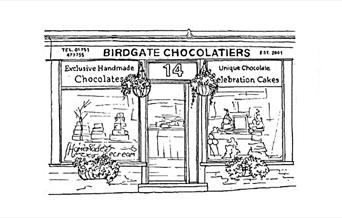 An image of a black and white illustration of the Birdgate Chocolatiers Shop front