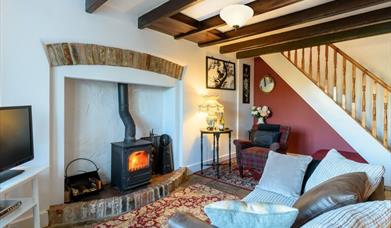 An image of a cosy lounge with wood burner at Canine Cottages