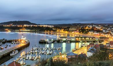 An image of Scarborough Harbour with street lights lit up