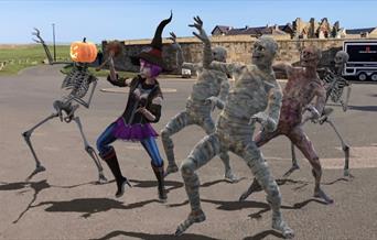 An image of an augmented Dracula Character on the streets of Whitby using the Love Exploring app