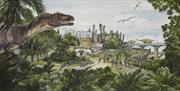 An image of an artists impression of Jurassic landscape outside of the rotunda museum for The Yorkshire Fossil Festival