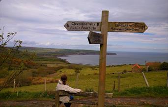 An image of a lady admiring the view from Ravenscar to Robin Hood's Bay