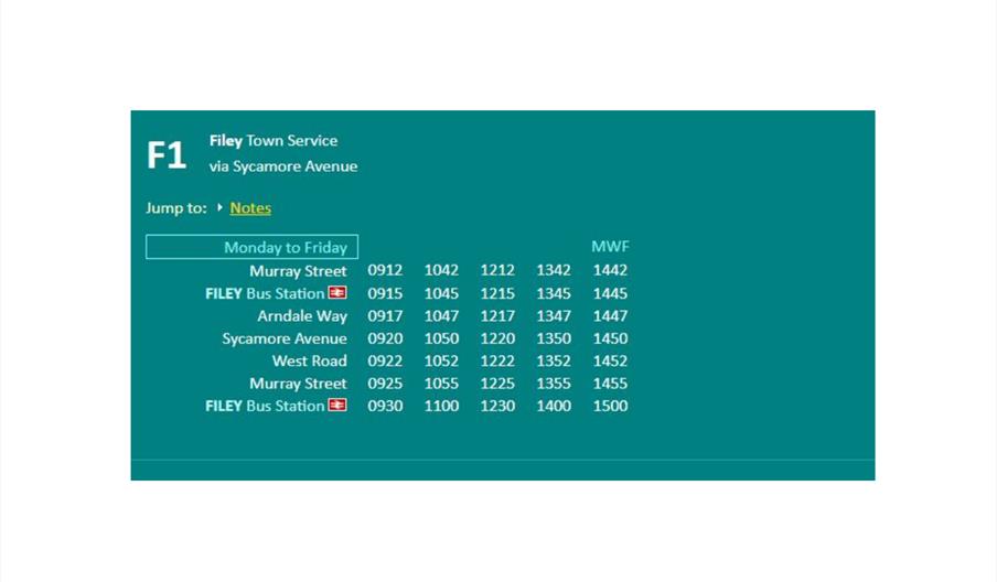 An image of Filey Town Bus Service timetable via Sycamore Avenue - F1