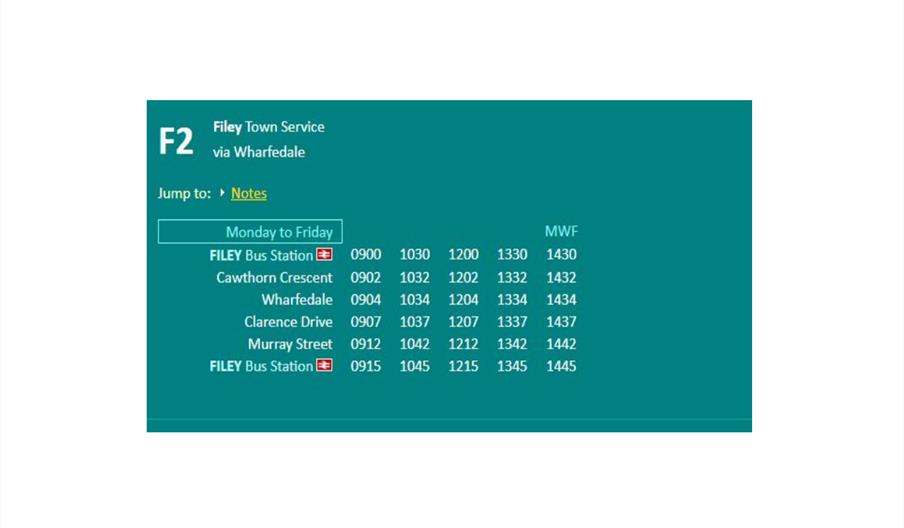 An image of the Filey Town Bus Service timetable via Wharfedale - F2