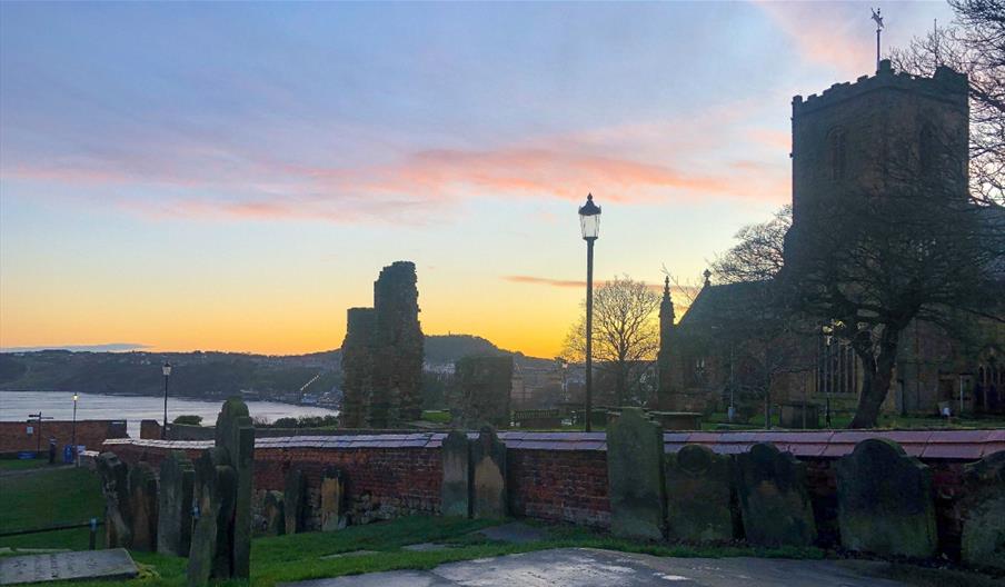 An image of the view from Anne Bronte's Grave, looking upon St Mary's Church and south bay, Scarborough.